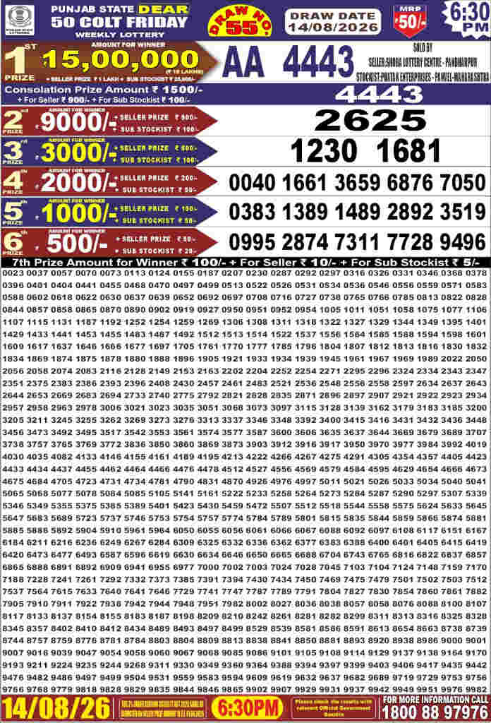 Punjab Dear 50 Friday Result 14.08.2026