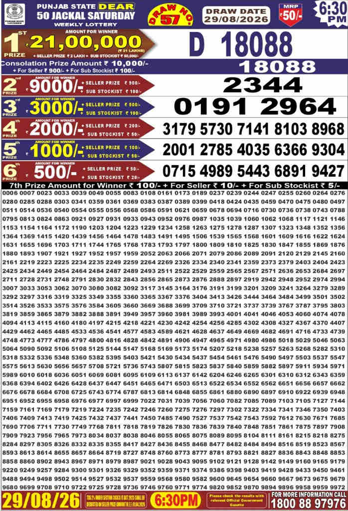 Punjab Dear 50 Saturday Result 29.08.2026