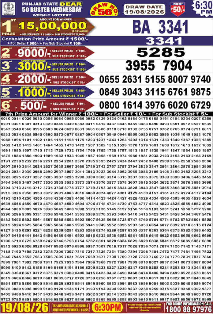 Punjab Dear 50 Wednesday Result 19.08.2026