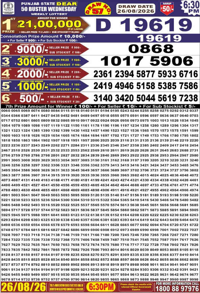 Punjab Dear 50 Wednesday Result 26.08.2026