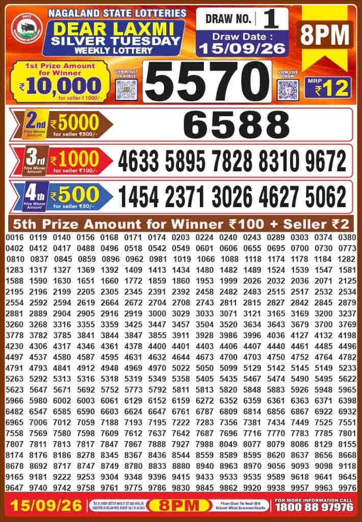 Dear Laxmi Tuesday Weekly Lottery 15.09.2026
