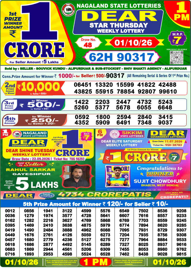 Lottery Sambad 1 PM Result 01.10.2026