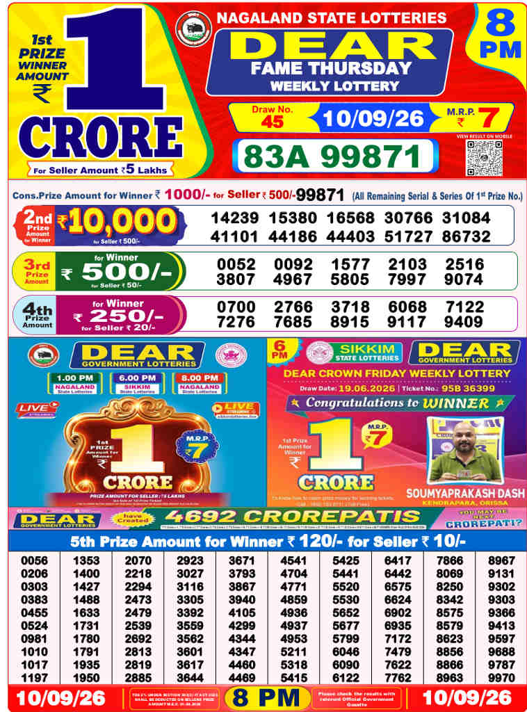 Lottery Sambad 8 PM Result 10.9.2026