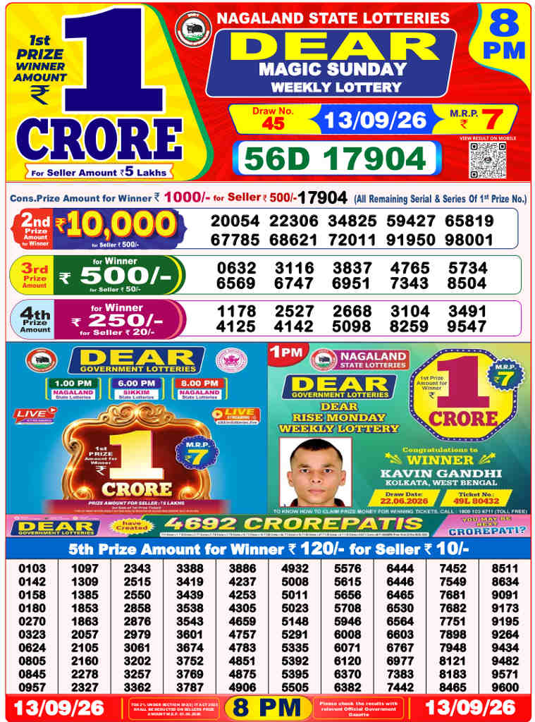 Lottery Sambad 8 PM Result 13.9.2026