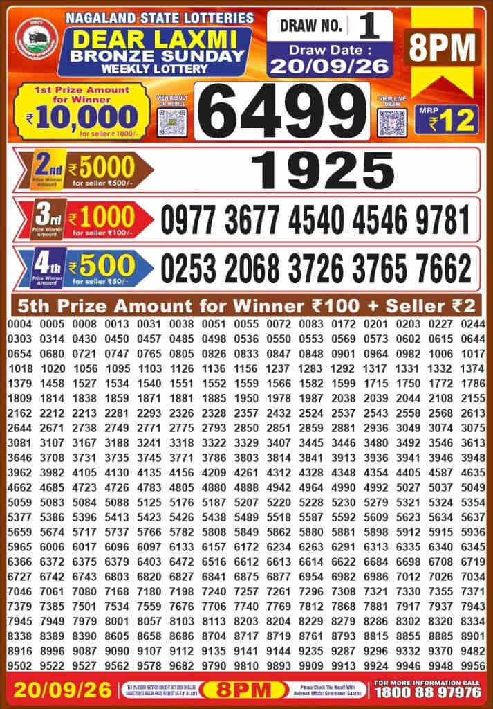 Nagaland Dear Laxmi Sunday Result 20-09-2026