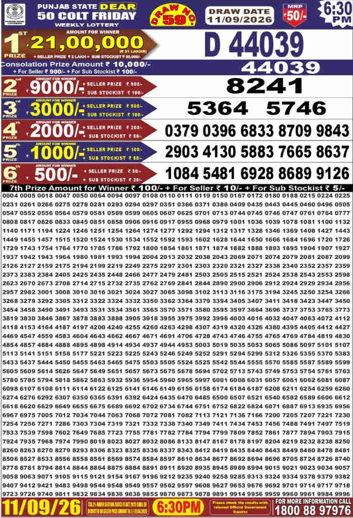 Punjab Dear 50 Friday Result 11-09-2026
