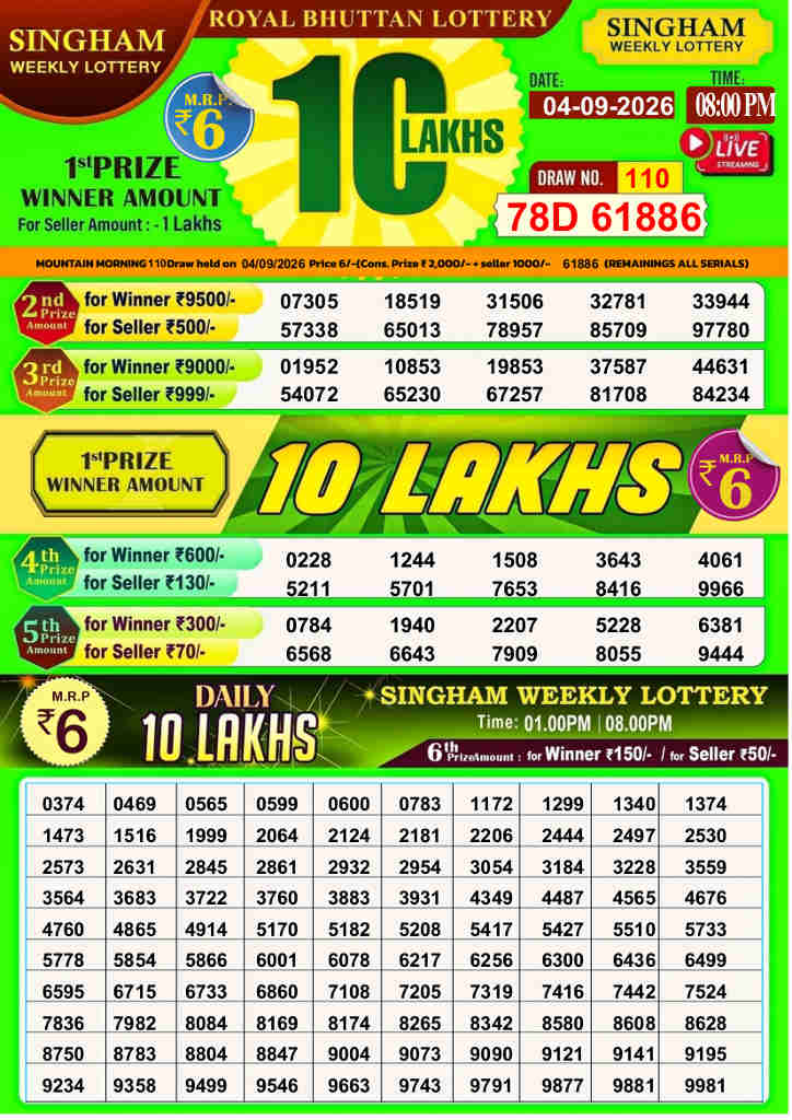 Singham Weekly Lottery 8 PM Result 4.9.2026