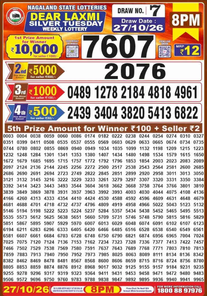 Dear Laxmi Tuesday Result 27.10.2026