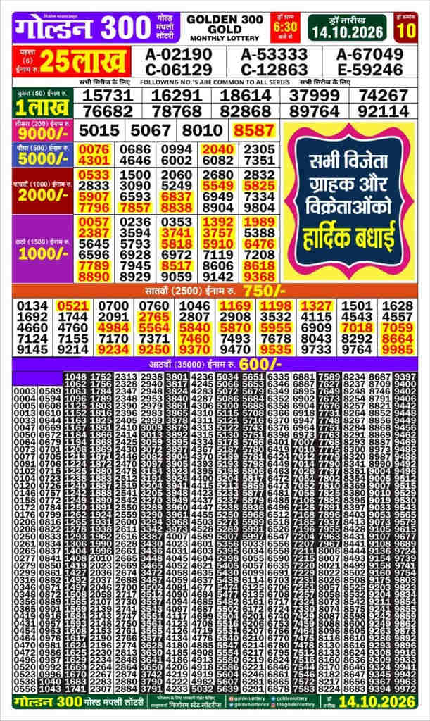 Golden 300 Monthly Lottery Result 14.10.2026