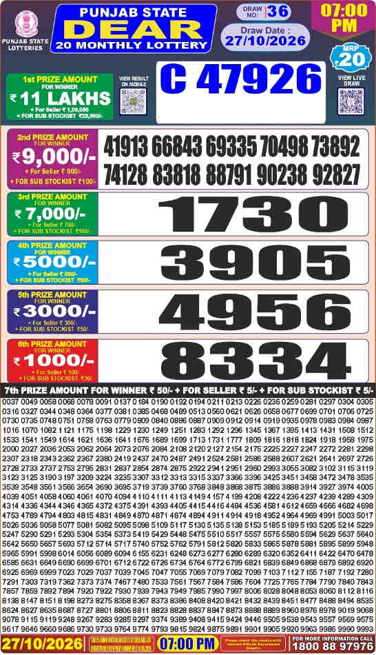 Punjab Dear 20 Monthly Lottery Result 27.10.2026
