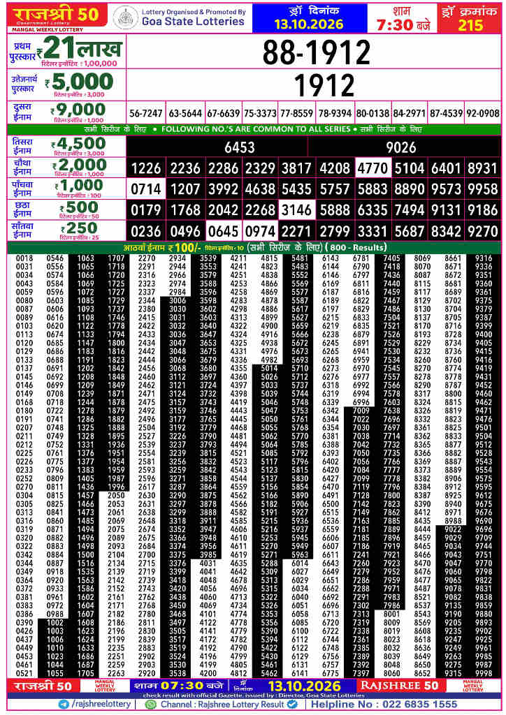 Rajshree 50 Mangal Result 13.10.2026